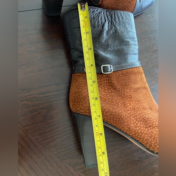 Suede & Leather Color block Stacked Heel Booties Brown Sz 8 $295 - Picture 15 of 15